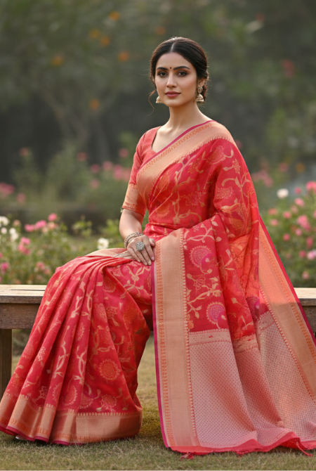 Red banarasi cotton zaal saree