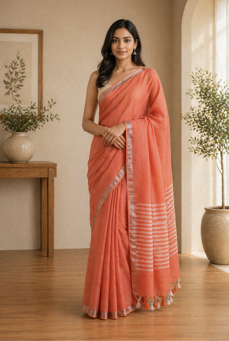 Peach orange linen saree