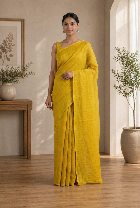 Yellow Linen saree