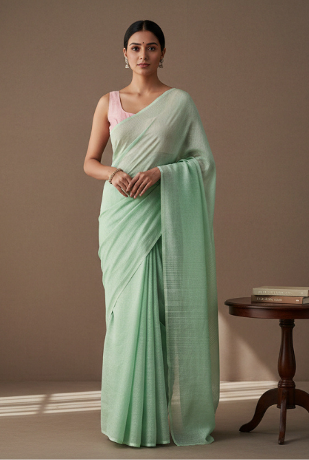 Light pista Linen saree