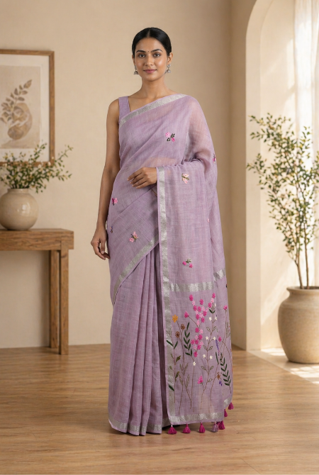 Lavender linen saree