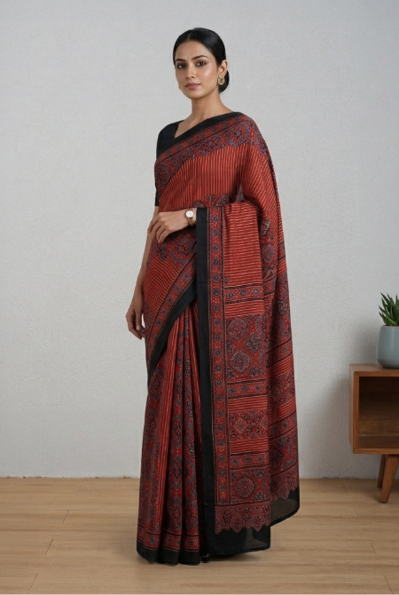 Maroon modal ajrak print saree