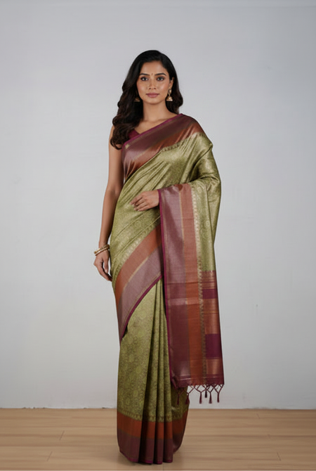 Pista green-maroon banarasi brocade saree