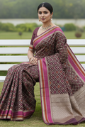 Brown banarasi cotton patola wave saree