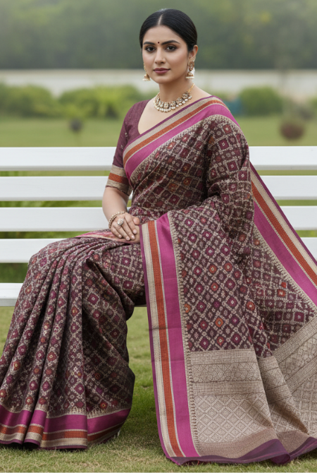 Brown banarasi cotton patola wave saree