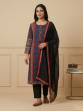 Black based kurta set with red and blue design with duppata