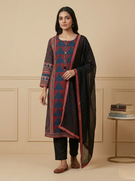 Black based kurta set with red and blue design with duppata