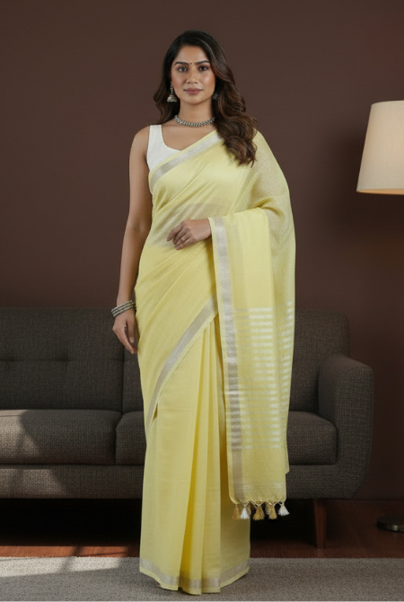 Lemon yellow linen saree