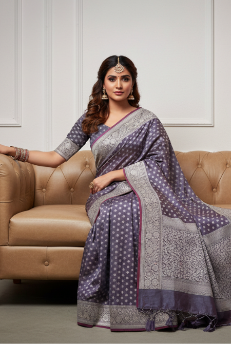 Dark grey banarasi cotton butti border saree
