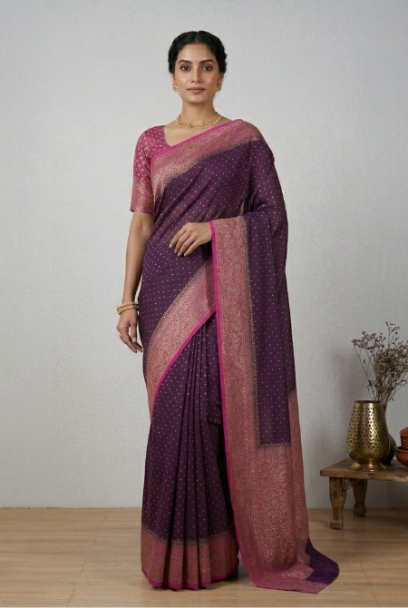 Purple-Pink border crepe chiffon banarasi saree