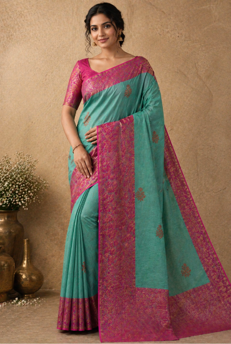 Green with pink border Banarasi tussar silk saree