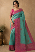 Green with pink border Banarasi tussar silk saree