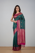 Bottle green with pink border Banarasi tussar silk saree