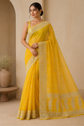 Yellow banarasi chiffon saree