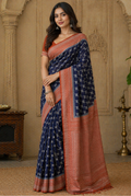 Navy blue saree with orange border chinia banarasi saree
