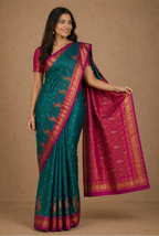 Teal green & pink soft silk banarasi saree