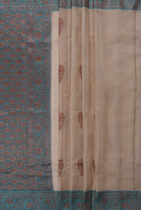 Beige with teal blue border banarasi tussar silk saree