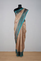 Beige with teal blue border banarasi tussar silk saree