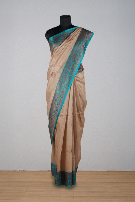 Beige with teal blue border banarasi tussar silk saree