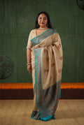 Beige with teal blue border banarasi tussar silk saree