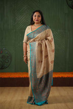 Beige with teal blue border banarasi tussar silk saree