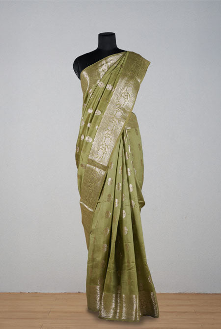 Olive green moonga silk banarasi saree