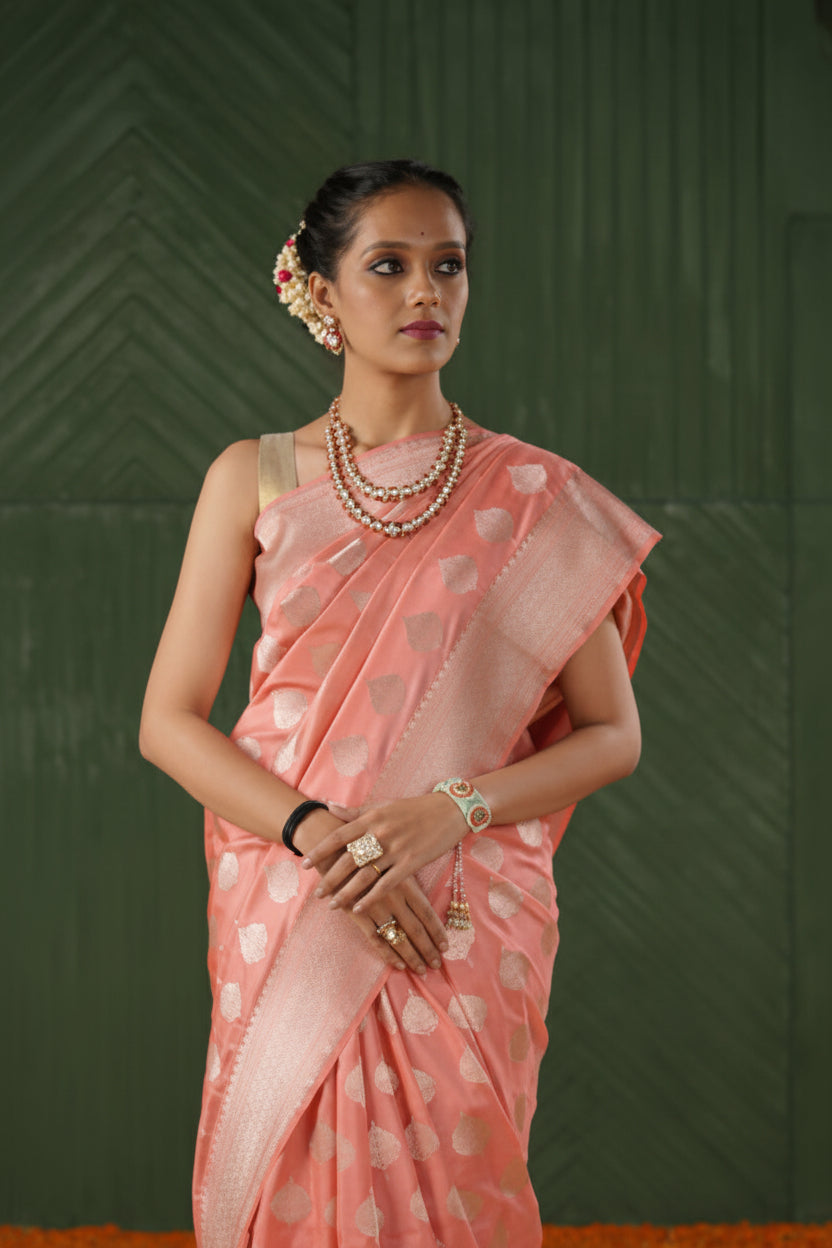 Light peach katan silk banarasi saree
