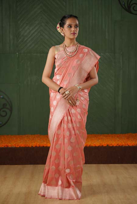 Light peach katan silk banarasi saree
