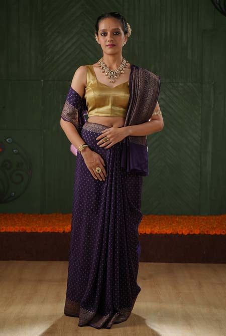 Purple crepe chiffon banarasi saree