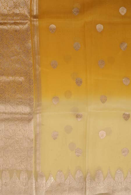 Mustard yellow shaded banarasi organza saree