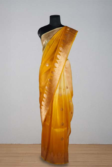 Mustard yellow shaded banarasi organza saree