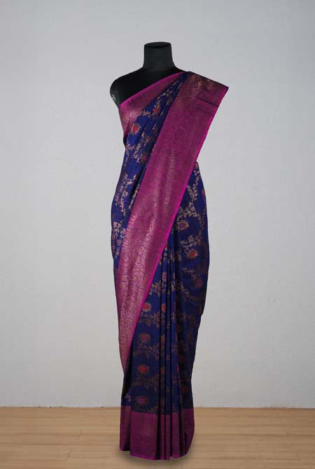 Royal blue with purple border dupion silk banarasi saree