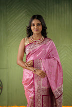 Pink with maroon border mashru silk banarasi saree
