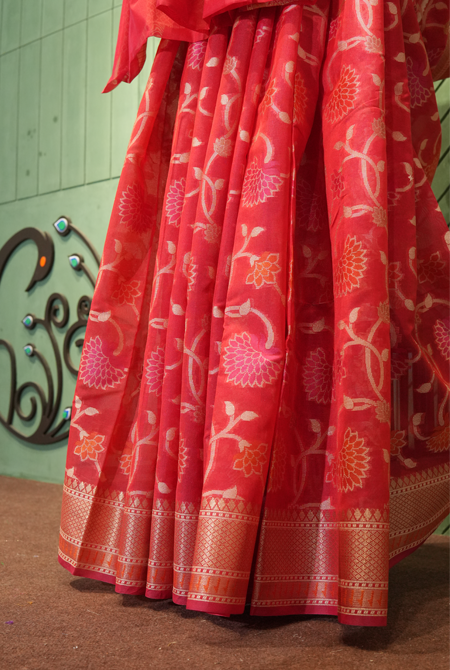 Red banarasi cotton zaal saree