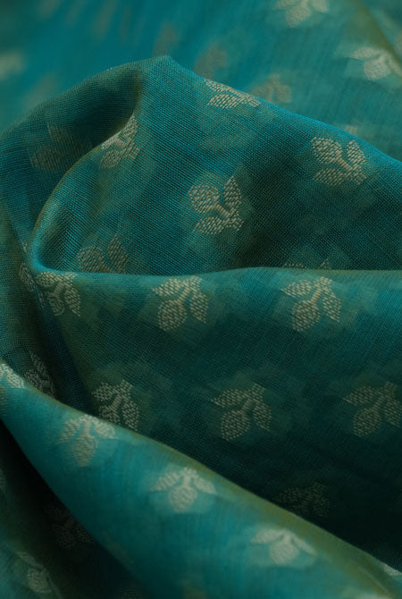 Teal green banarasi cotton butti border saree