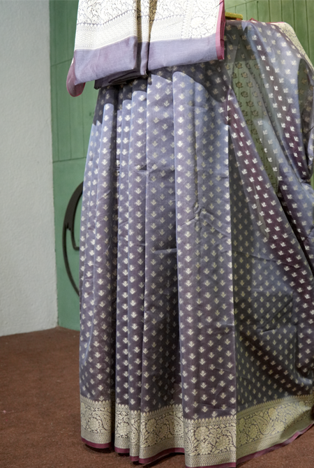 Dark grey banarasi cotton butti border saree