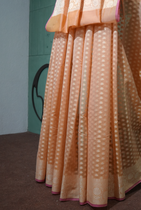 Light Peach banarasi cotton butti border saree