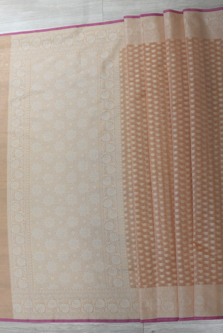 Light Peach banarasi cotton butti border saree