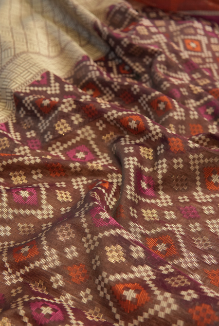 Brown banarasi cotton patola wave saree