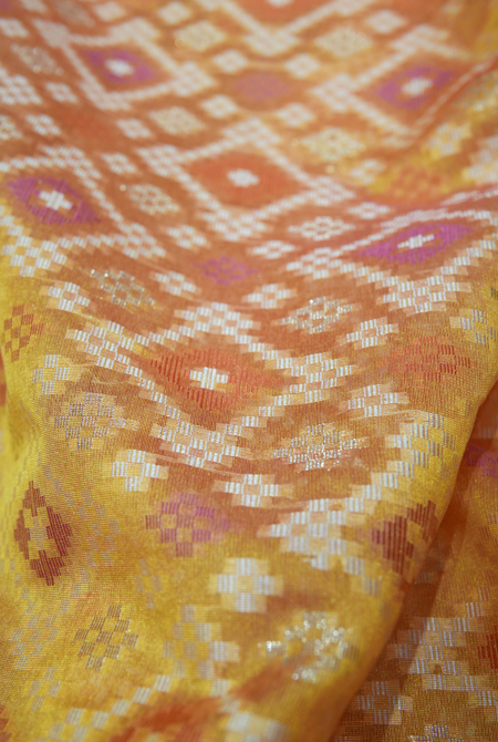 Yellow banarasi cotton patola wave saree