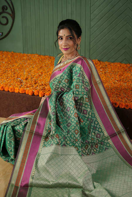 Green banarasi cotton patola wave saree