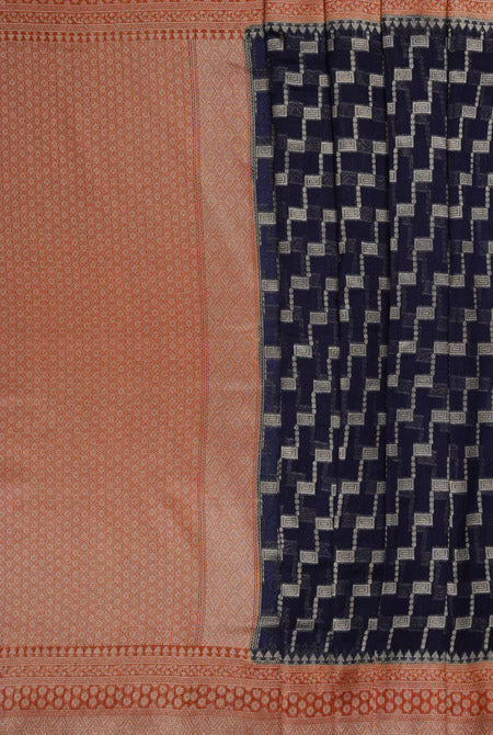 Navy blue saree with orange border chinia banarasi saree