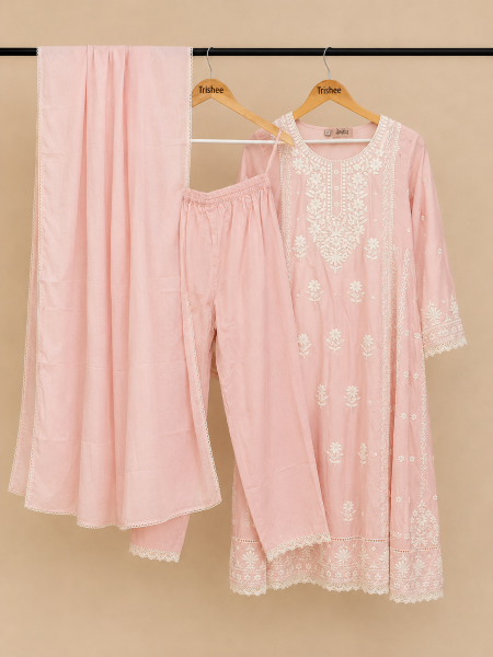 Baby pink cotton embroidery kurta set with duppata