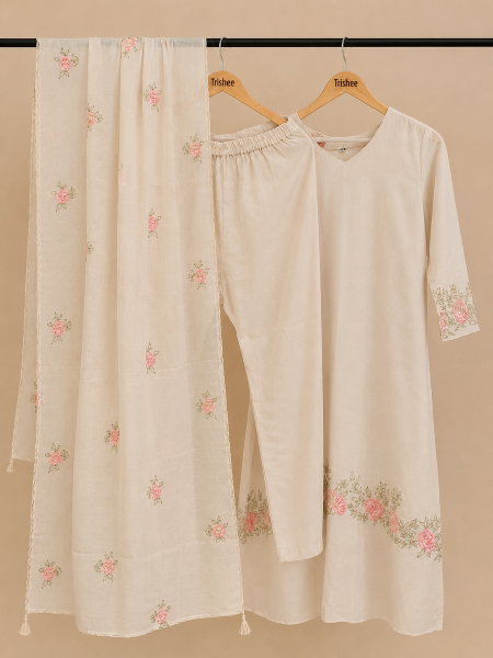 Beige embroidery kurta set with duppata