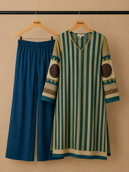 Blue and ivory printed muslin kurta set