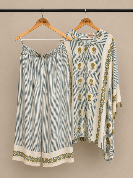 White and blue co-ord set  with green flowers