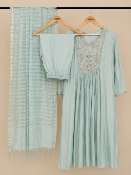 Blue-grey cut work kurta set with duppata