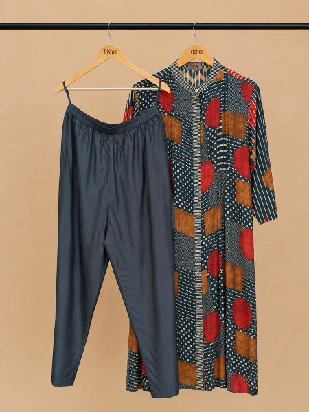 Blue multi printed muslin kurta set