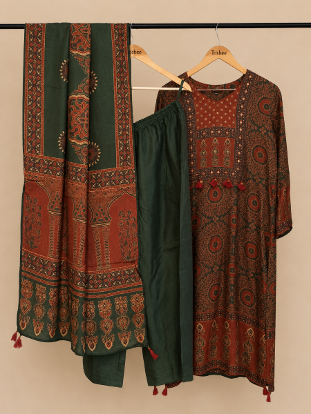 Bottle green kurta set with duppata