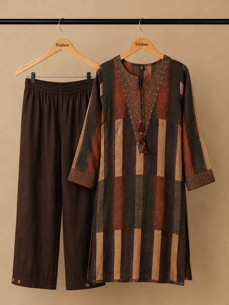 Brown printed muslin kurta set